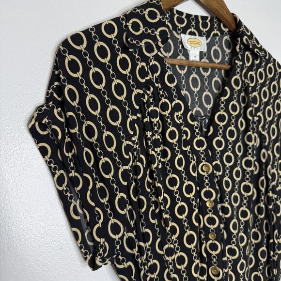 Talbots Dress Womens 14 Black Chain Print Button Front Short Sleeve Midi - Picture 2 of 7